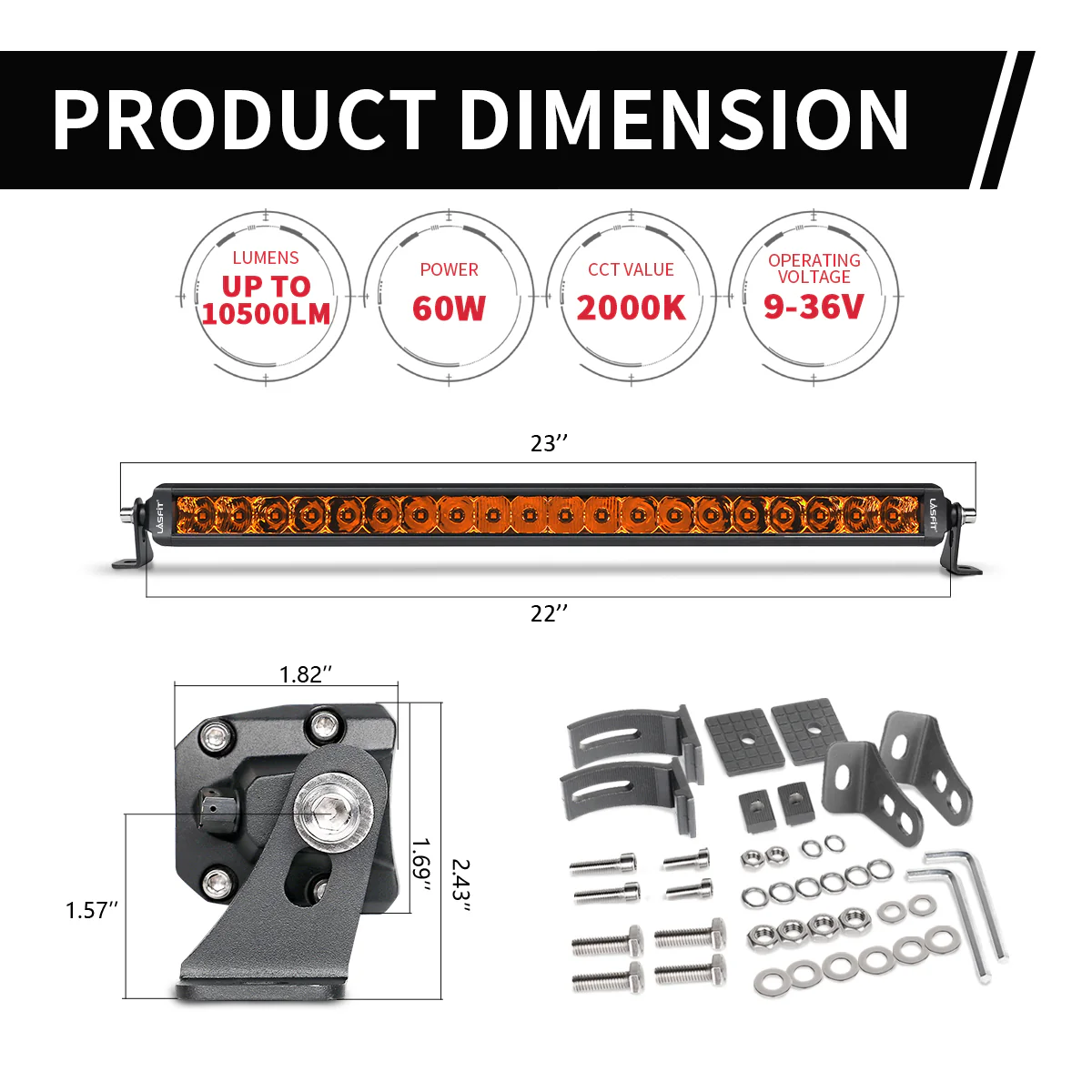 Lasfit 22" Off-Road LED Amber Light Bar With Slim Single Row Combo Flood Spot Design | Bumper Grille Mount - Image 13