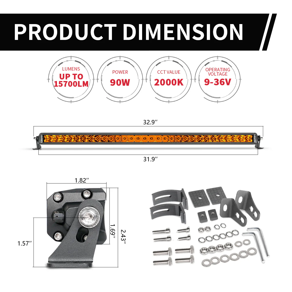 Lasfit 32" Off-Road LED Amber Light Bar With Slim Single Row Combo Flood Spot Design | Bumper Grille Mount - Image 15